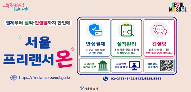 서울 프리랜서 온 홍보 배너 좌측 상단 '동행·매력 특별시 서울' 로고, 우측 상단 'SEOUL MY SOUL' 로고가 배치되어 있습니다. 중앙에는 '결제부터 실적·분쟁까지 한번에', '서울 프리랜서 온'이라는 큰 글씨의 타이틀이 적혀 있습니다. 좌측에는 울타리 일러스트와 함께 '프리랜서의 든든한 울타리'라는 문구가 원형 태그 안에 적혀 있으며, 이와 연결된 3대 핵심 기능이 안내되어 있습니다. 1. 안심결제: 미수금 걱정 없는 안전한 거래, 원하는 날짜·방식대로 대금 지급 2. 실적관리: 내 실적을 한눈에 관리, 실적확인서 발급 3. 분쟁 상담: 가입만 해도 전문가 상담 지원, 분쟁 합의와 소송연계까지 '그 외 기능도 모두 제공!' 항목: - 공공기관 일거리 정보 - 프리랜서 프로필 홍보 - 전자계약 서비스 - 교육 콘텐츠 '문의처' 항목: - 전화번호: 02-2133-5528 - 웹사이트 주소: freelancer.seoul.go.kr - 하단에는 해당 웹사이트(freelancer.seoul.go.kr)로 바로 이동할 수 있는 사각형 QR코드가 삽입되어 있습니다.